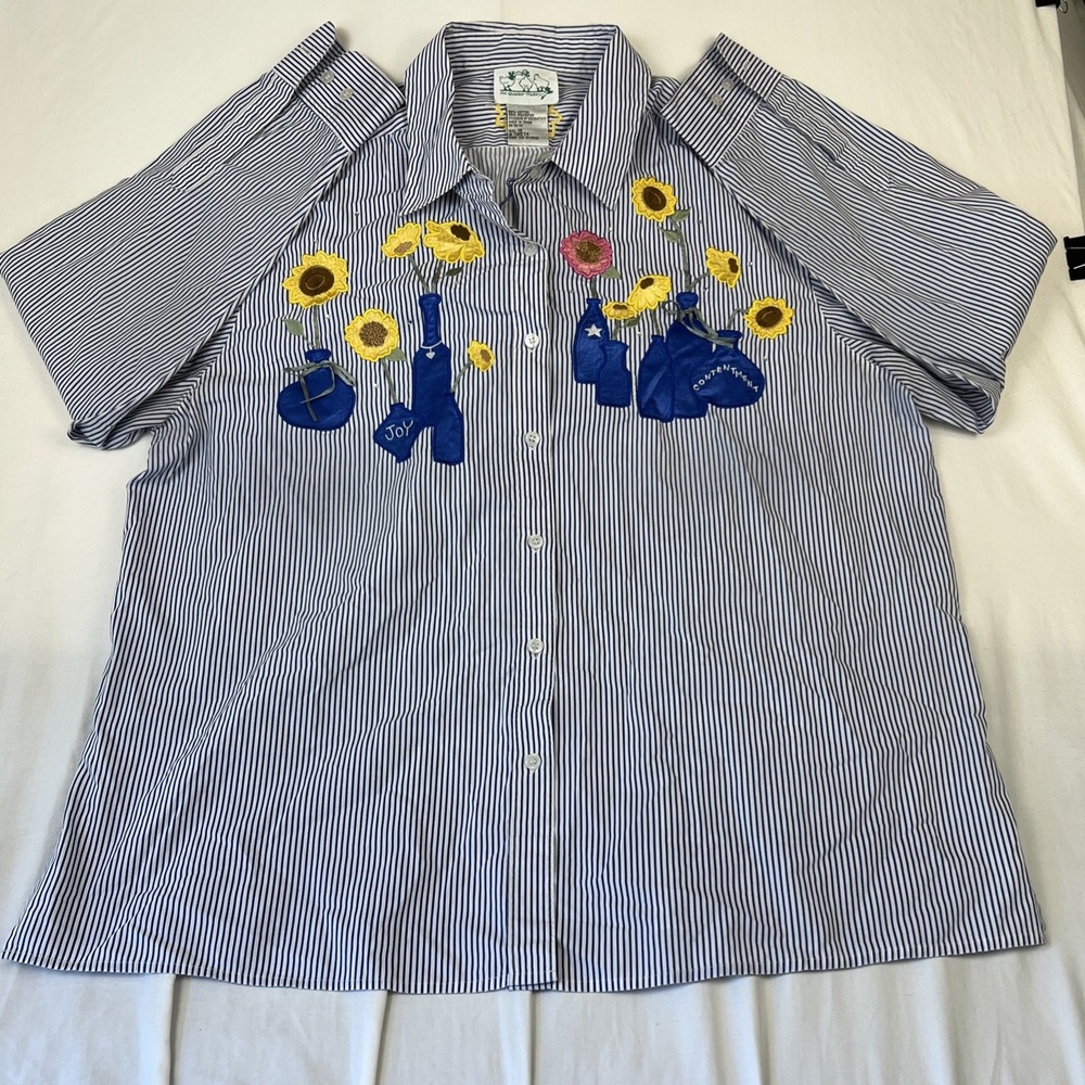 Quacker Factory Womens 1X Blue White Striped Sunflower Embroidered Shirt A79574